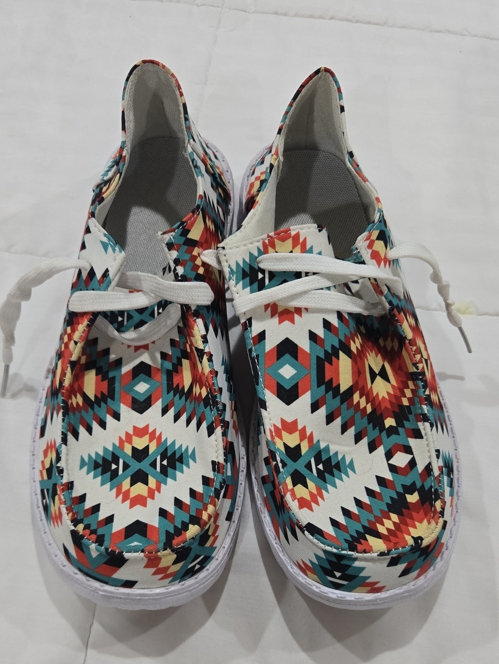 Women's Aztec-Print Lace-Up Moccasins - White Multicolor